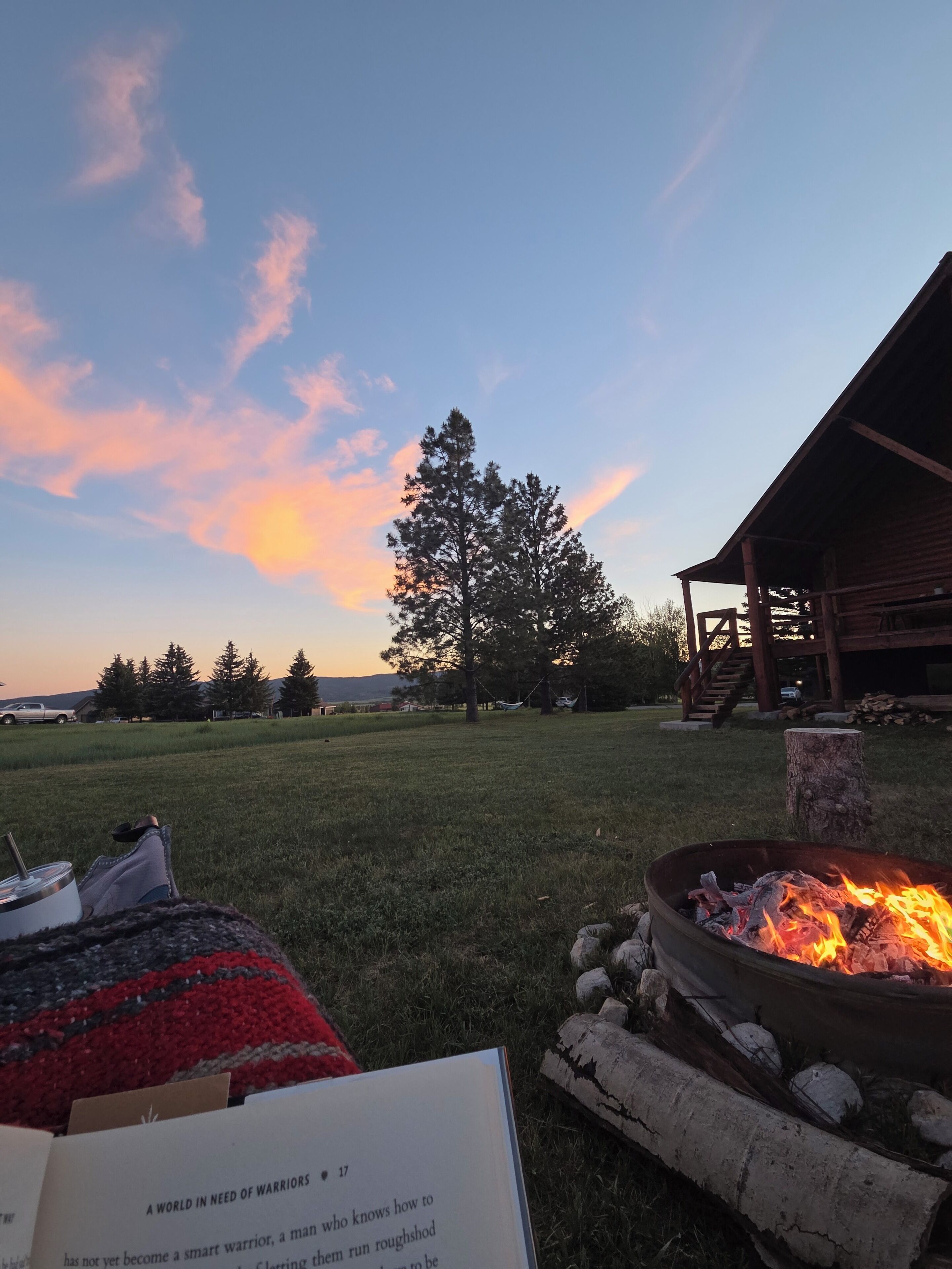 Un foyer avec des bûches, un livre ouvert sur l’herbe et, au loin, une cabane en bois.