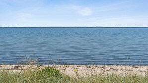 Ruhige Wasserfläche mit fernen Uferlinie und bewölktem Himmel.