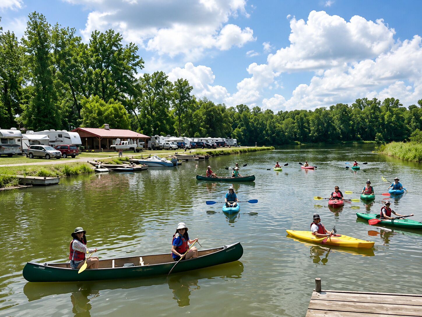 Un río tranquilo con canoas y kayaks, rodeado de vegetación y vehículos recreativos estacionados a lo largo de la orilla.
