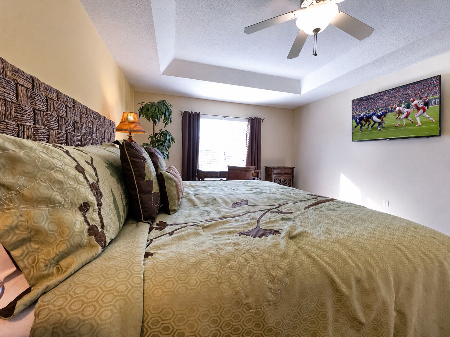 Een slaapkamer met een bed, een plafondventilator, een televisie, een raam met gordijnen en een aan de muur bevestigde plant.
