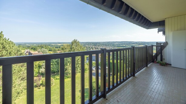 Un balcon donnant sur un paysage verdoyant et sur des bâtiments situés au loin.
