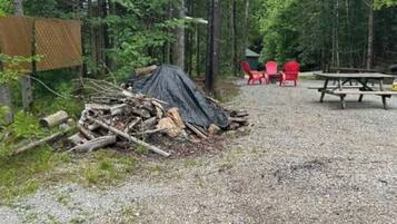 Ein von Bäumen umgebener Campingplatz mit Picknicktisch und roten Stühlen.