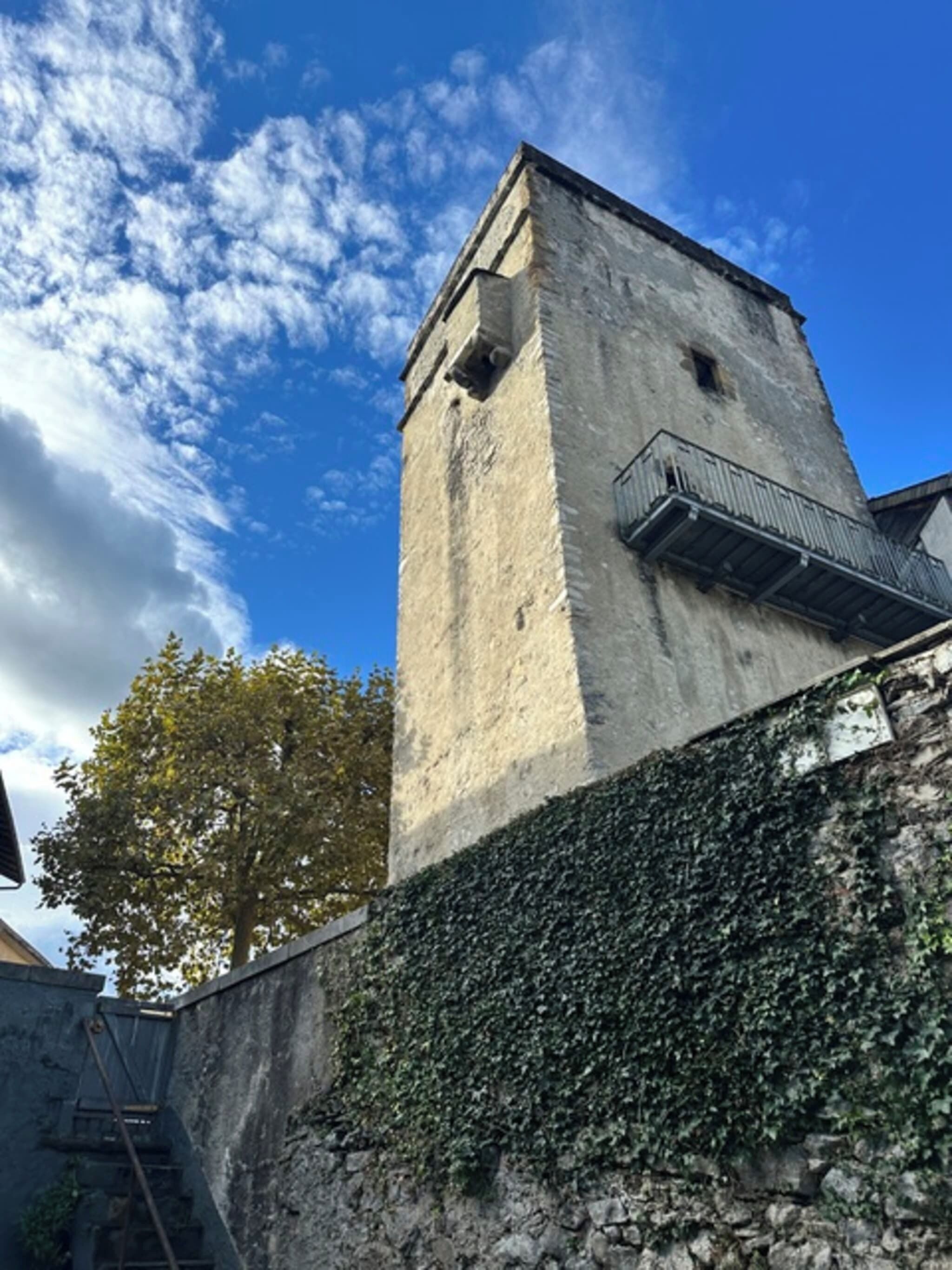 Ein Steinturm mit einem Balkon, umgeben von efeuüberwachsenen Mauern.