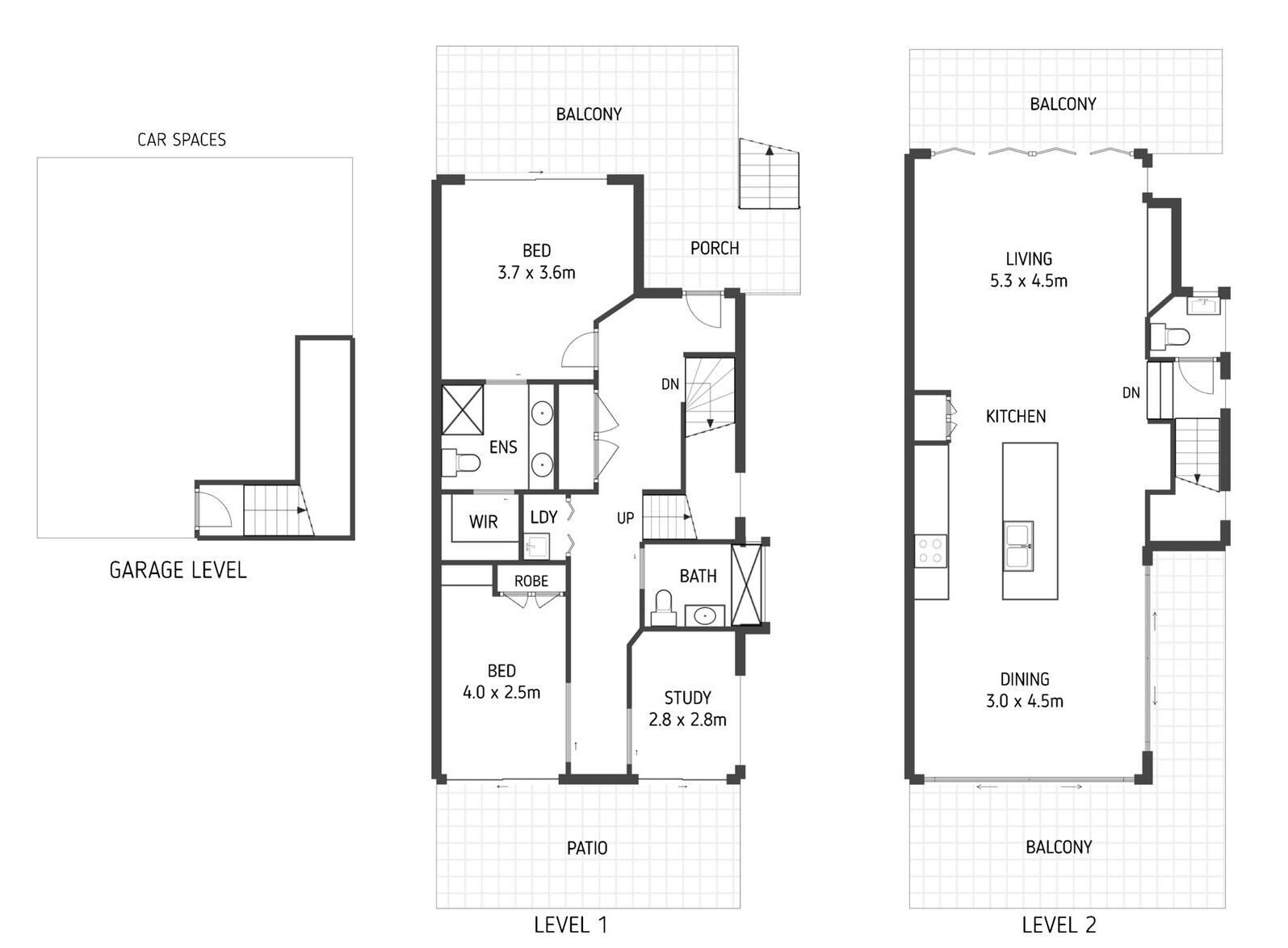 Plano de planta que muestra un garaje, sala de estar, cocina, balcón y un área de estudio.