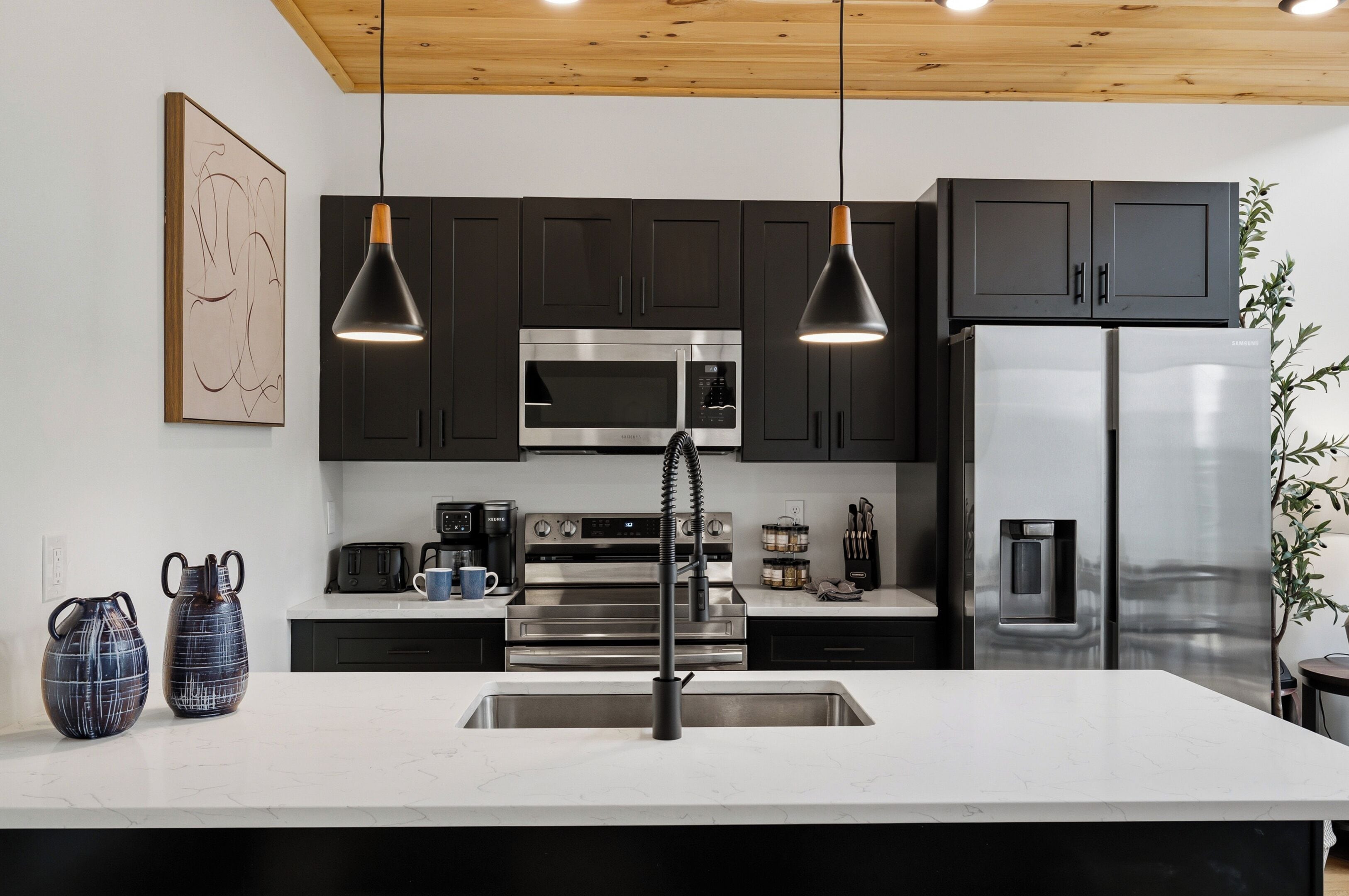 A modern kitchen with black cabinets, stainless steel appliances, and pendant lighting.