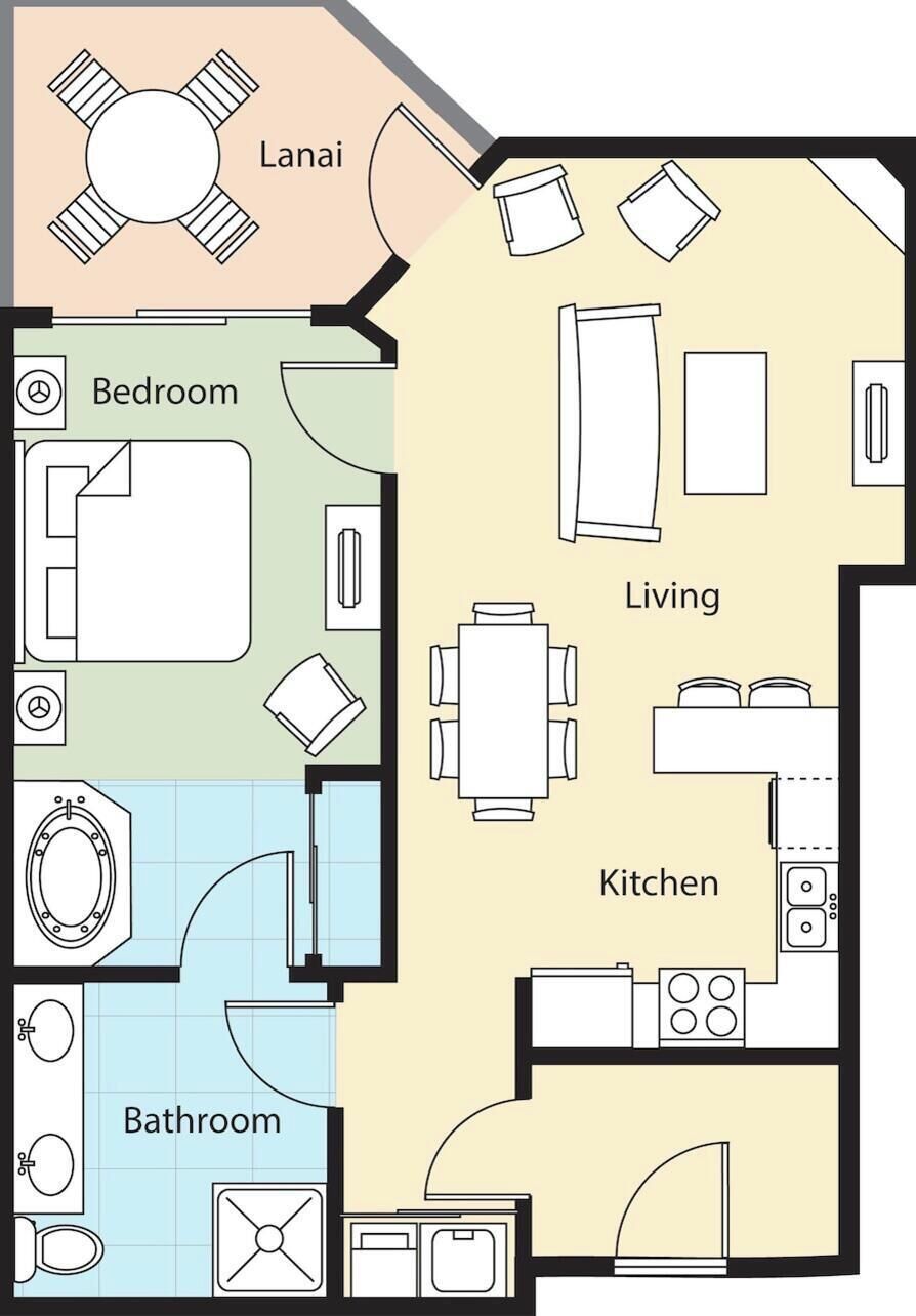 Ein Grundriss mit Lanai, Schlafzimmer, Wohnbereich, Küche und Bad.