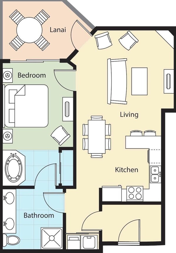 Planta baixa mostrando varanda, quarto, sala de estar, cozinha e banheiro.