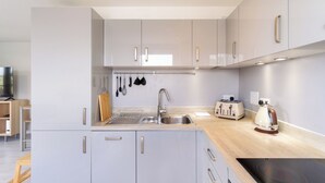 A modern kitchen with grey cabinets, a stainless steel sink, a toaster, and a kettle. - Lovely Sea View 2BDR Flat in Edinburgh (Edinburgh)