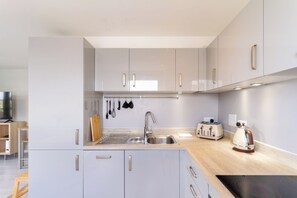 A modern kitchen with grey cabinets, a stainless steel sink, a toaster, and a kettle. - Lovely Sea View 2BDR Flat in Edinburgh (Edinburgh)