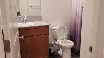 Hair dryer, towels, soap, toilet paper