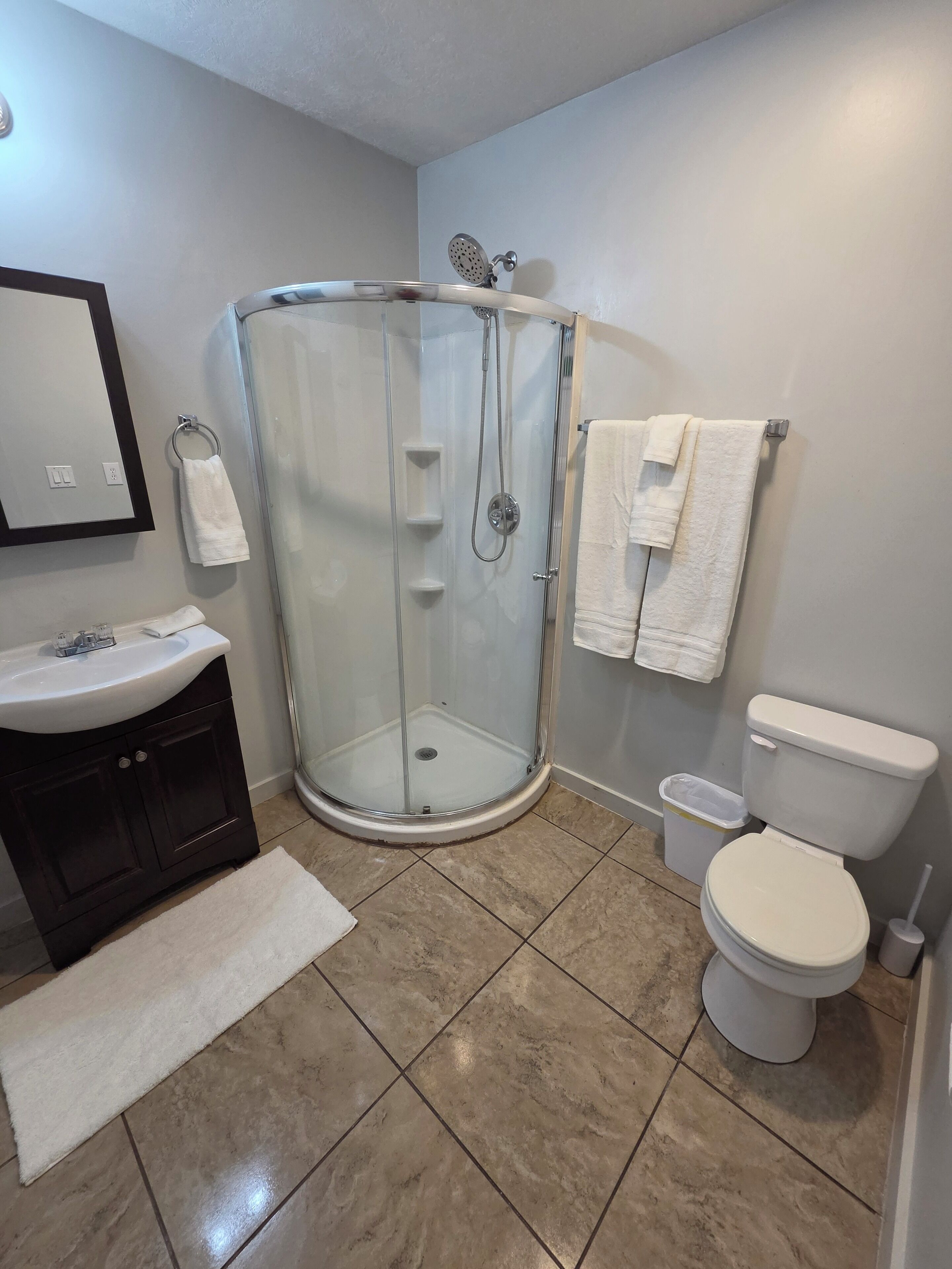 Shower, hair dryer, towels, toilet paper