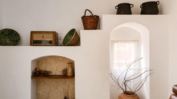 A room with a stone fireplace, shelves with decorative items, a wicker basket, and two black pots on a shelf. - Cozy home in Militello in Val di Ca with WiFi (Militello in Val di Ca)