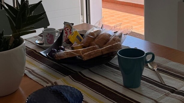 Ruokailutila, jossa on aamiaiselle katettu pöytä, ruukkukasvi ja näkymä merelle ja palmuille.