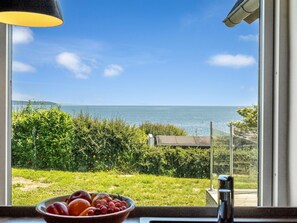 Blick aus einem Fenster auf eine Wiese mit Wasser und weiter Landschaft im Hintergrund.