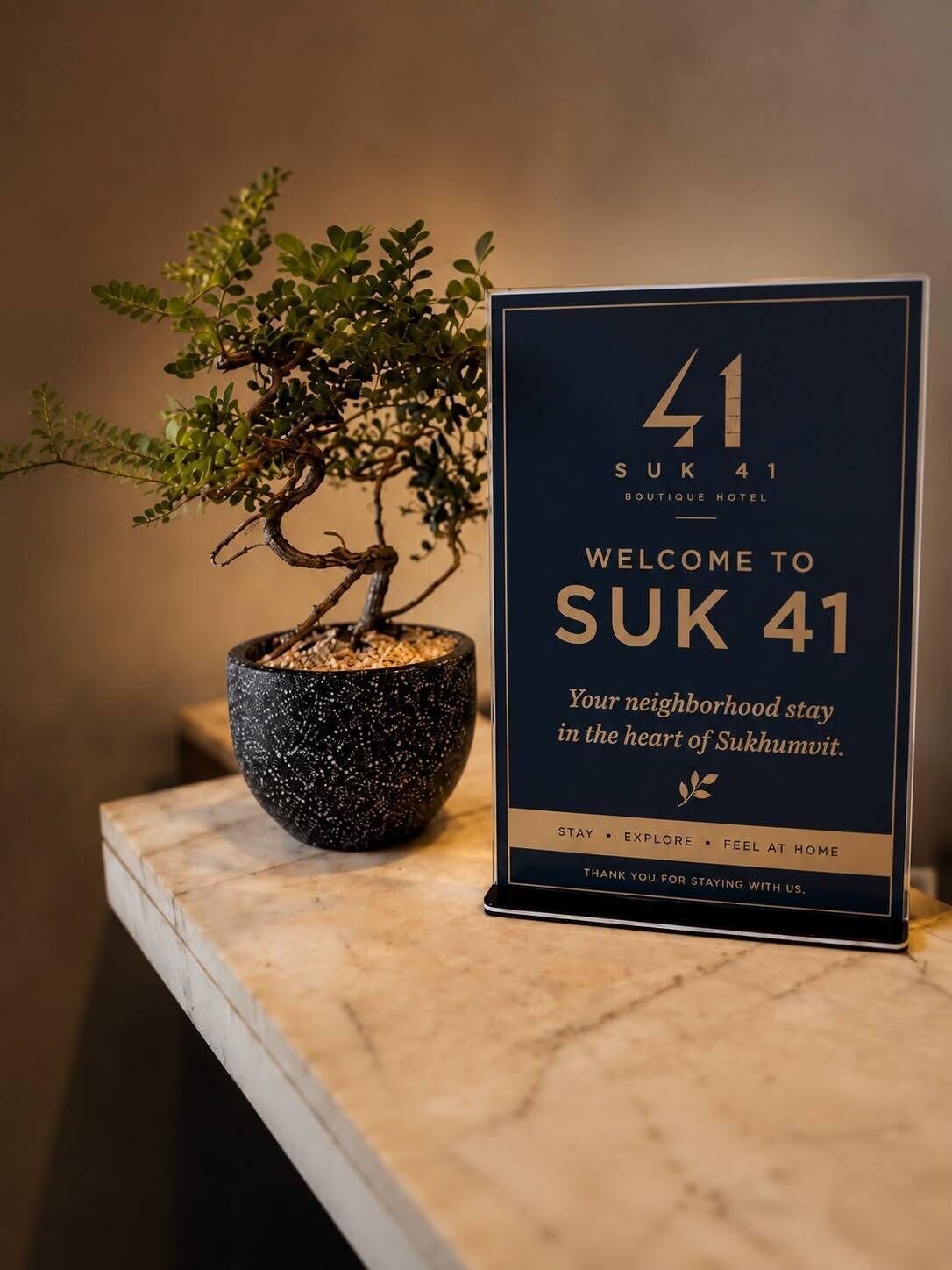 Señal de bienvenida del Sukumvit 41 Boutique Hotel, con un bonsái y una maceta texturizada.
