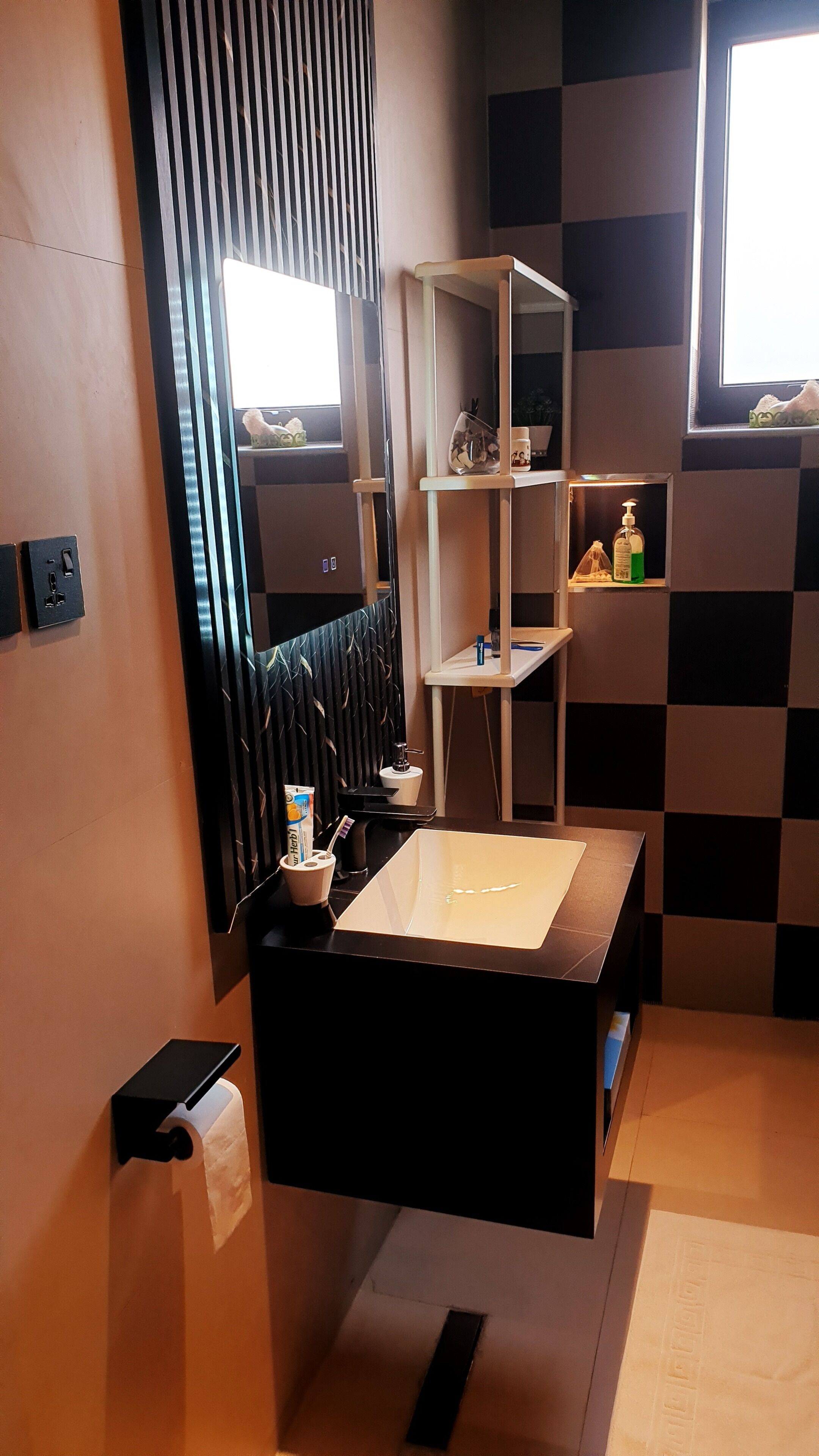 Bidet, towels, soap, toilet paper