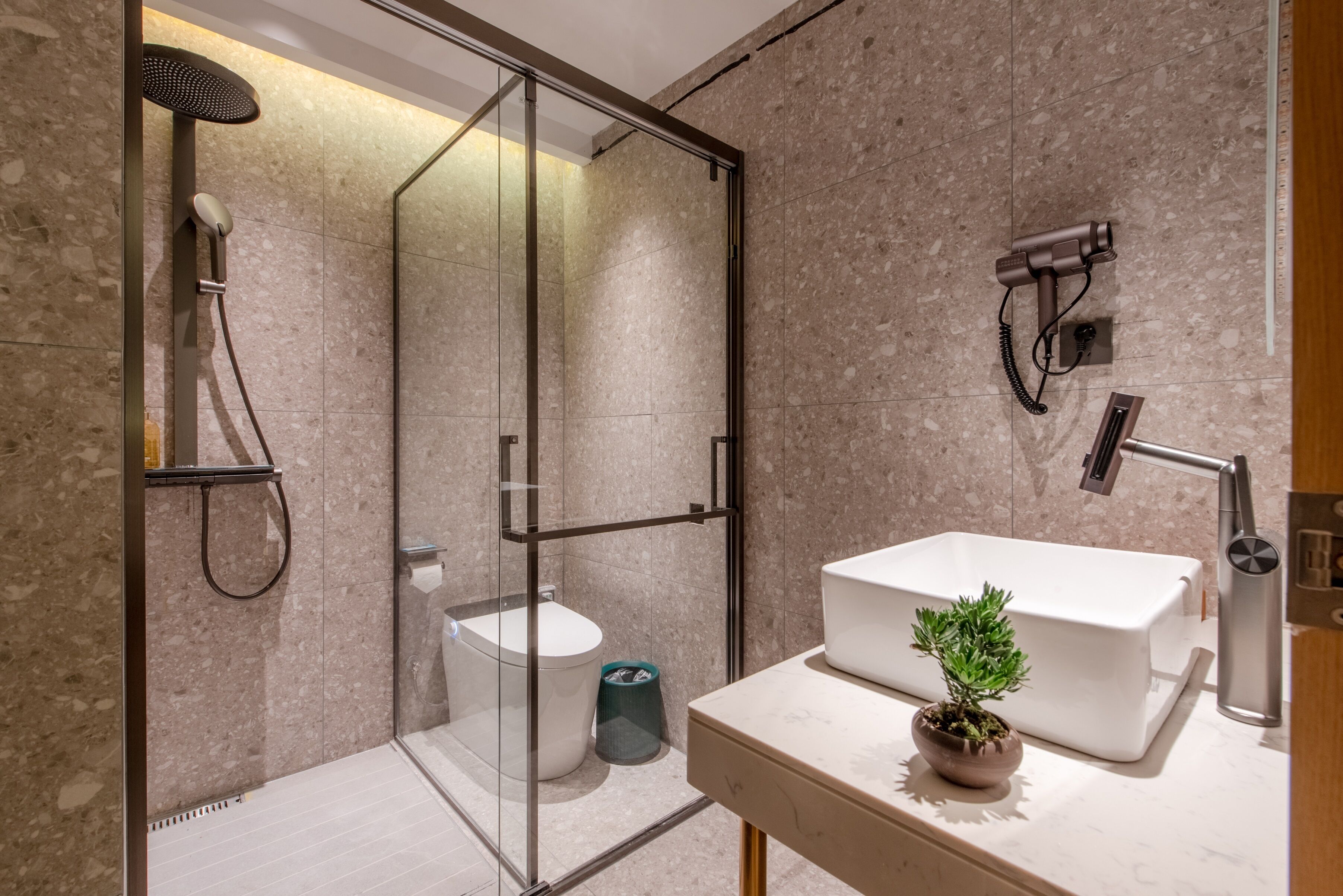 Ein modernes Badezimmer mit einer gläsernen Duschkabine, Toilette, Waschbecken und einer Zimmerpflanze sowie einer Handbrause.