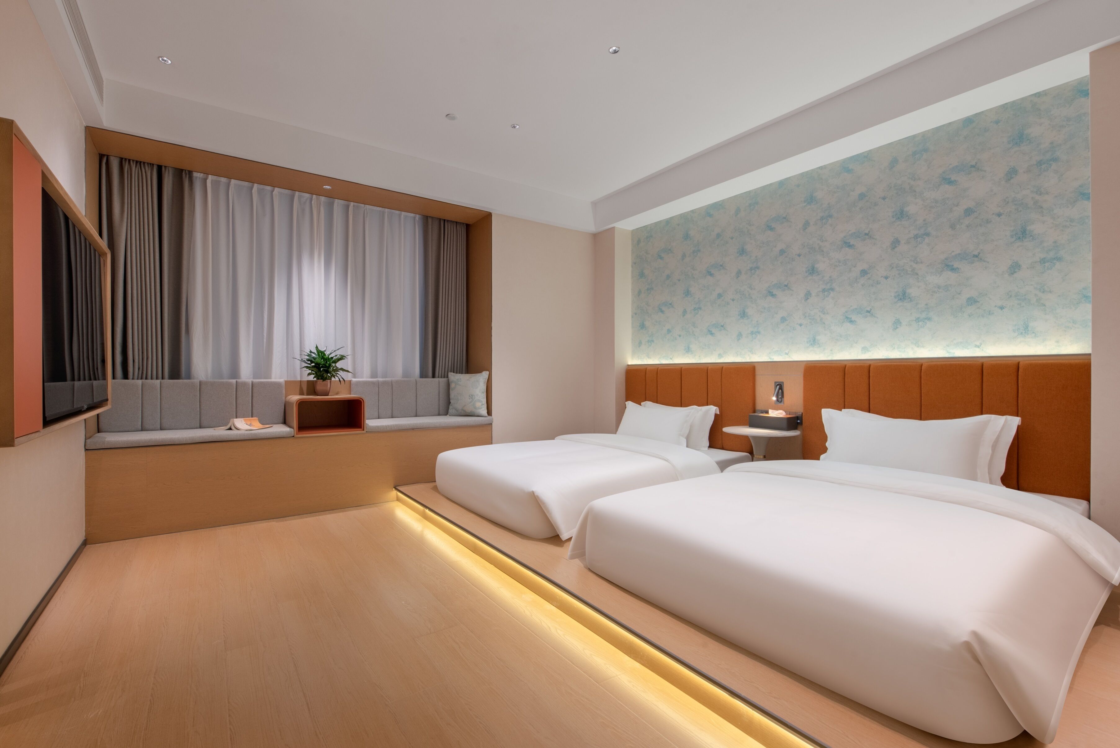 Quarto Twin em estilo japonês, vista para a cidade | Roupas de cama de algodão egípcio, roupas de cama premium