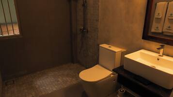 Een douche, handdoeken, zeep, toiletpapier