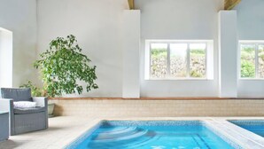 En swimmingpool med kakel runt kanten, en flätstol, en krukväxt och en utsikt genom ett fönster.