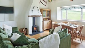 Een gezellige woonkamer met een open haard, groene banken, houten meubels en uitzicht op de omgeving.