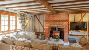 Una sala de estar acogedora con chimenea, televisor y un espacio de descanso cómodo.