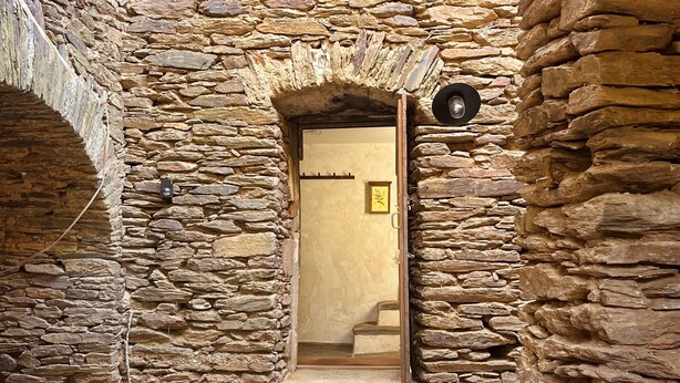 Un pasillo de paredes de piedra con una puerta de madera y escalones que conducen a un espacio interior.