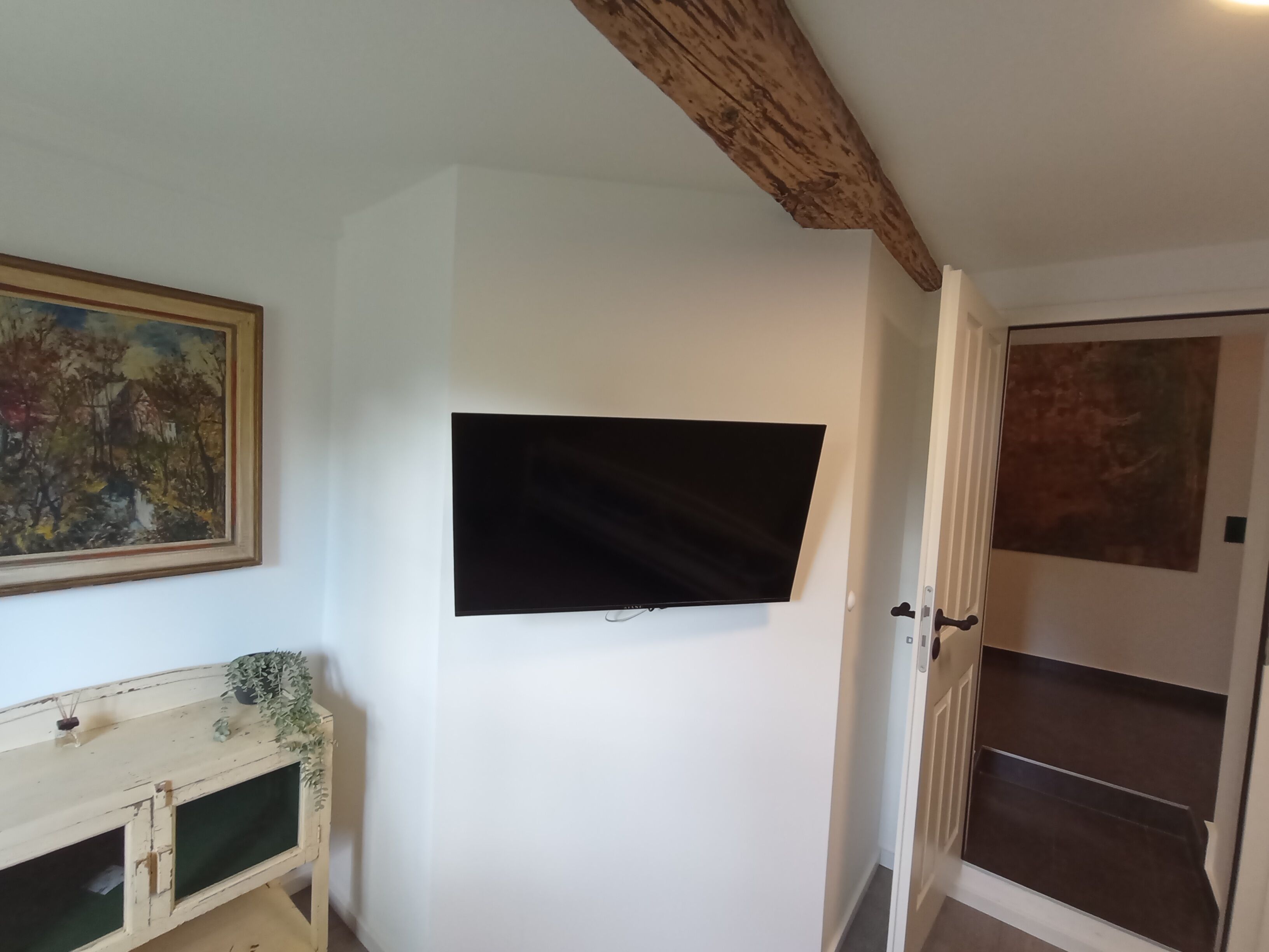 A room with a mounted flat-screen TV, a door with a brown panel, and a painting on the wall.