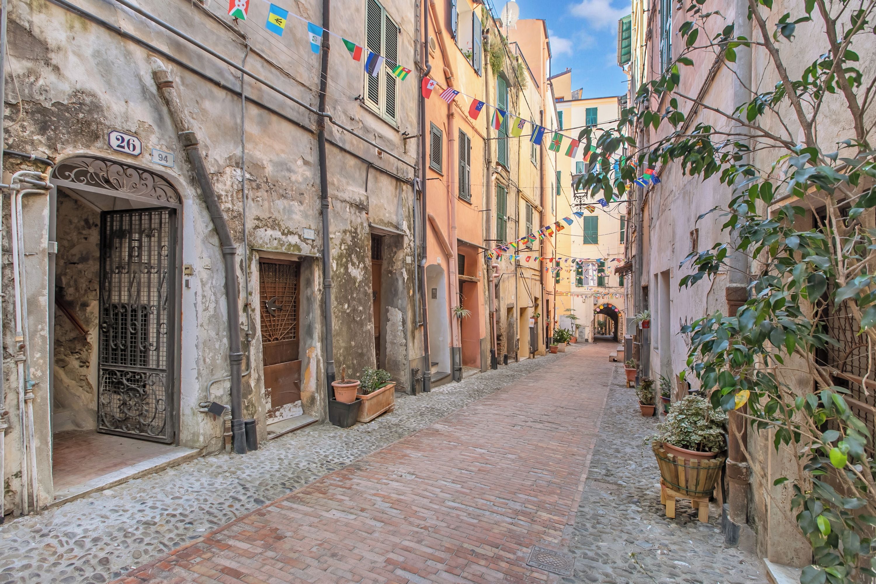 Una estrecha calle adoquinada bordeada de edificios históricos, una reja de hierro forjado y plantas en macetas.