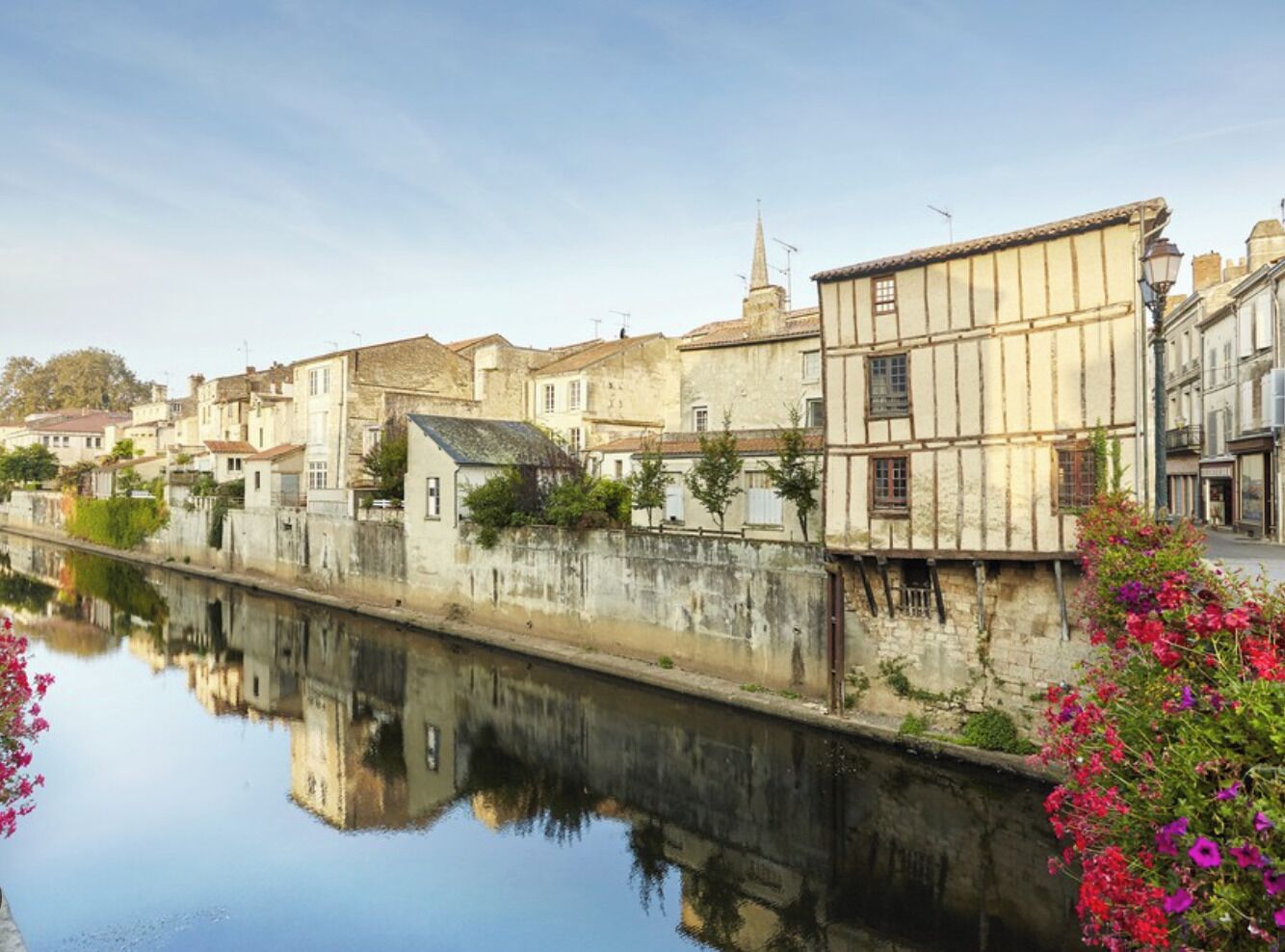 A canal with buildings on one side and a flower bed on the other.
