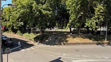 A street view with trees, a crosswalk, and a building with a visible entrance.