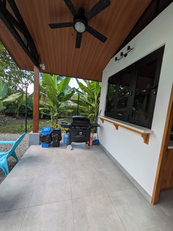A covered patio area with a ceiling fan, a grill, and a window overlooking a garden with banana plants.