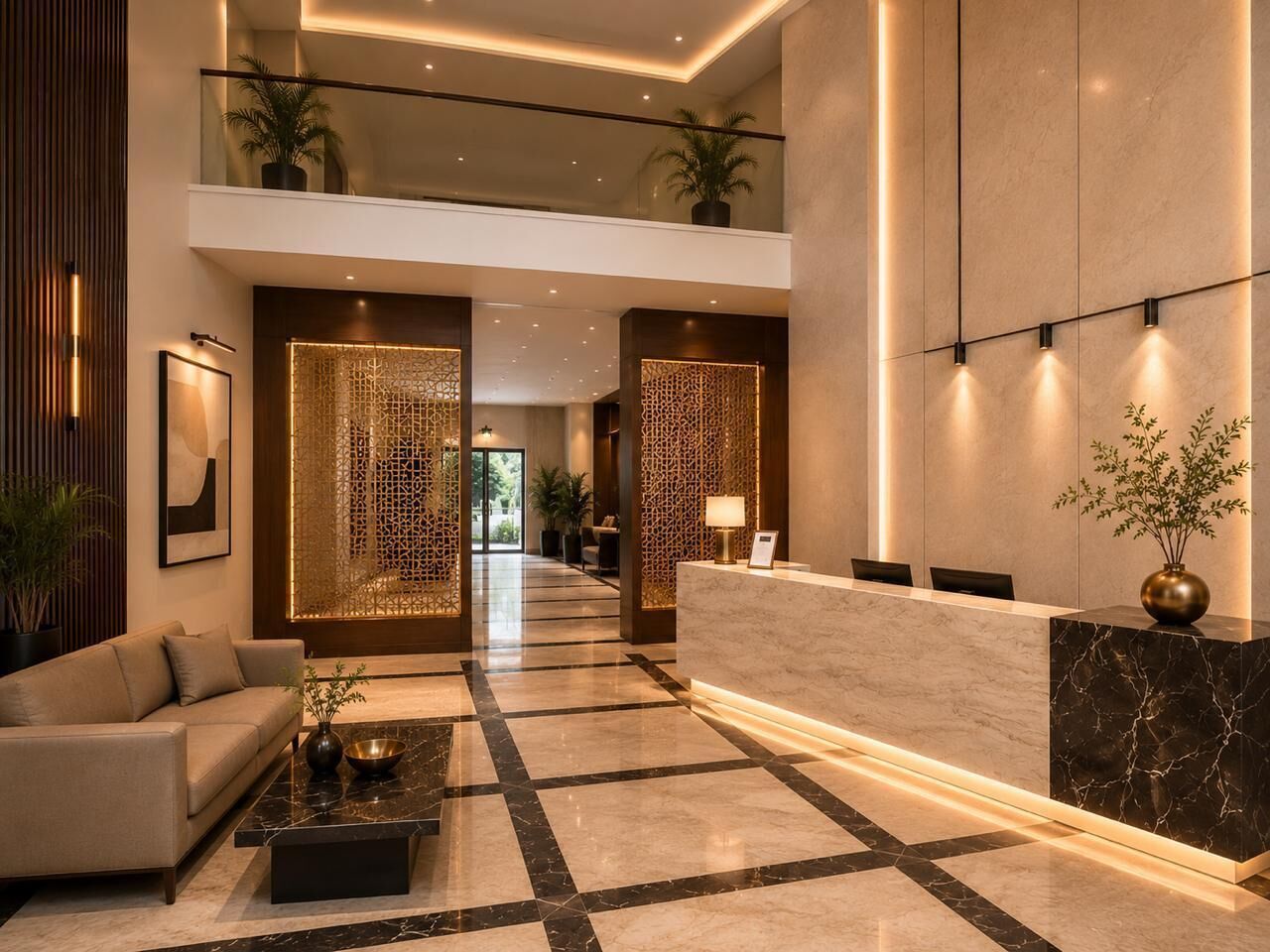 Eine Hotelhalle mit einer Rezeption, einer Sitzecke und dekorativen Wandverkleidungen.