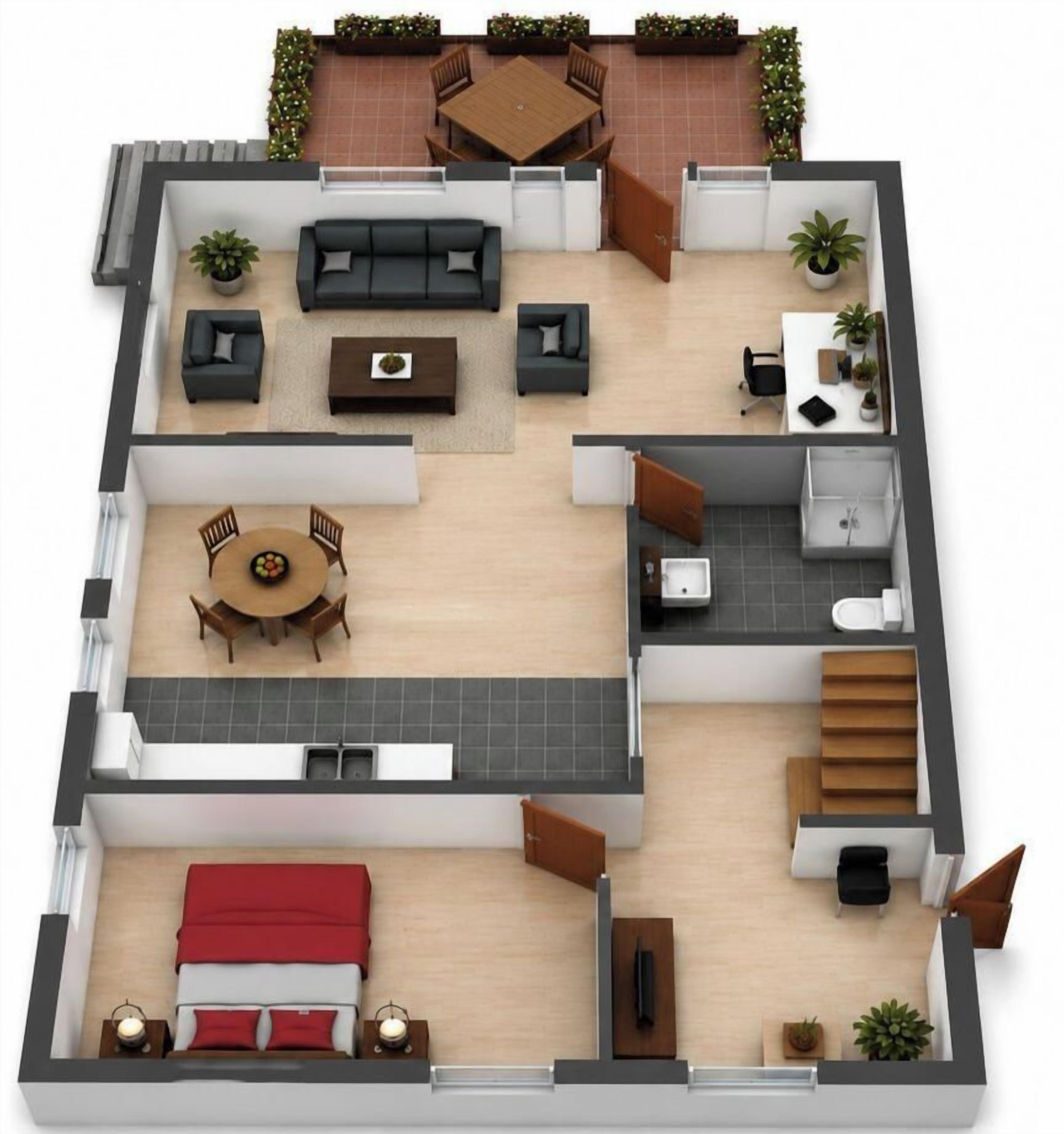 A 2D floor plan of a modern apartment with a living room, dining area, kitchen, and a bedroom.