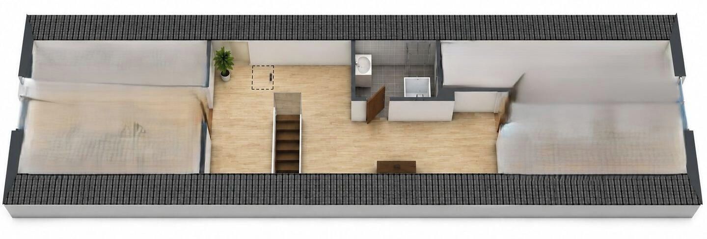 Un plan d’étage d’une chambre d’hôtel comprenant un grand lit, un petit bureau, une chaise, un canapé et une plante en pot.
