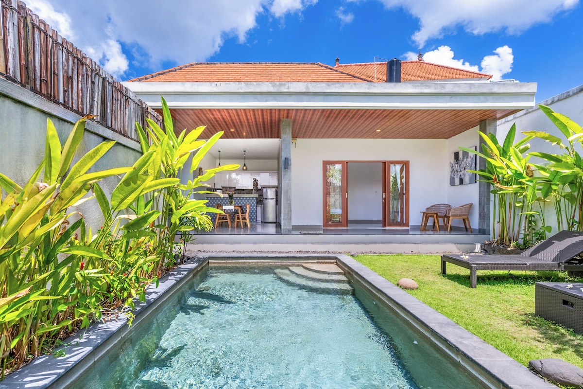 A modern house with a swimming pool, a covered patio, and a kitchen visible through an open door.