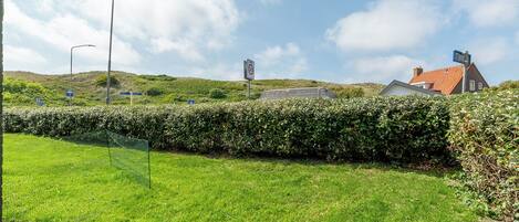 A grassy area with a hedge, a house with a red roof, and a no parking sign.