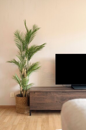 Ein Wohnzimmer mit Fernseher, Holzschrank, Pflanzentisch aus Rattan und Holzboden.