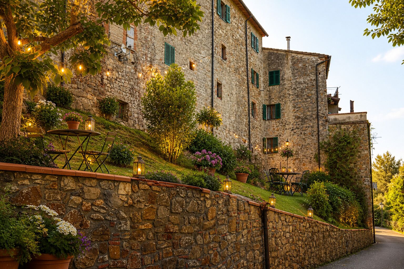 A stone building with a garden, outdoor seating, and string lights.