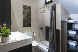 Dusche, Haartrockner, Handtücher, Seife