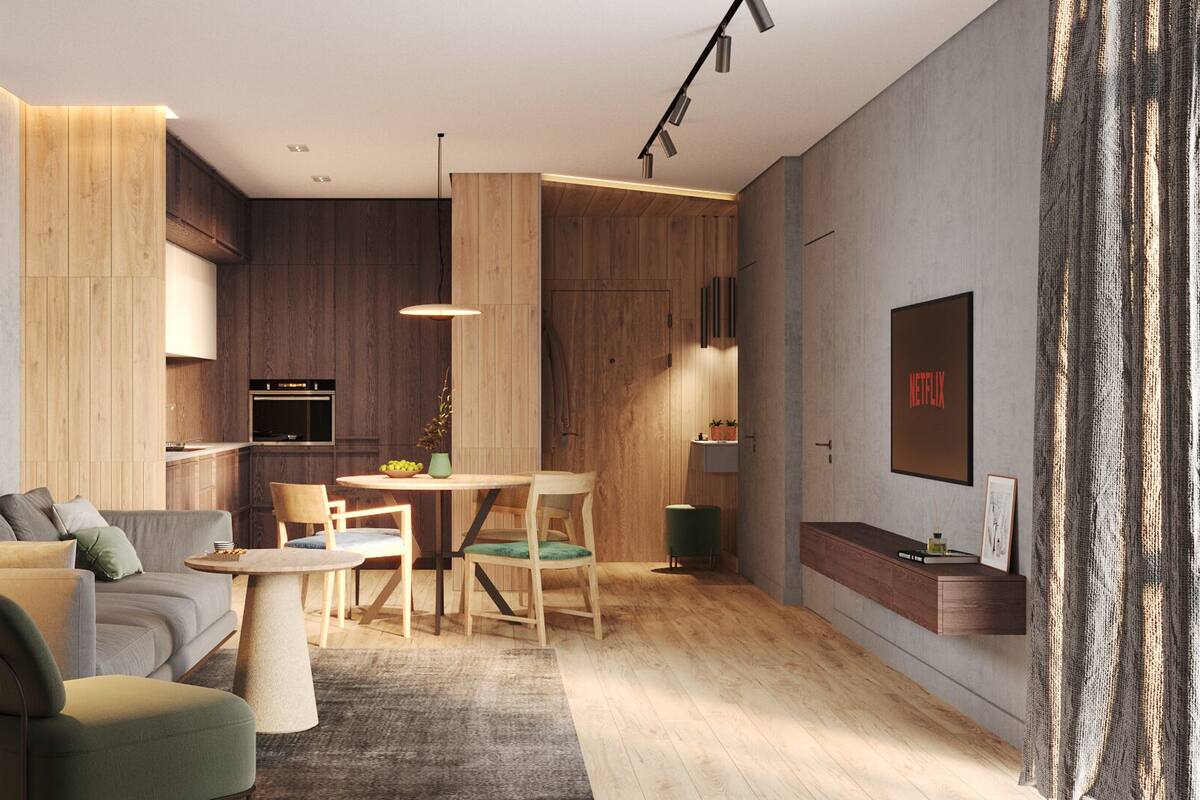 Refrigerador con congelador, horno, utensilios de cocina y comedor 