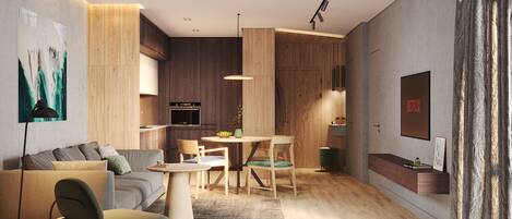 Full-size fridge, oven, cookware/dishes/utensils, dining tables