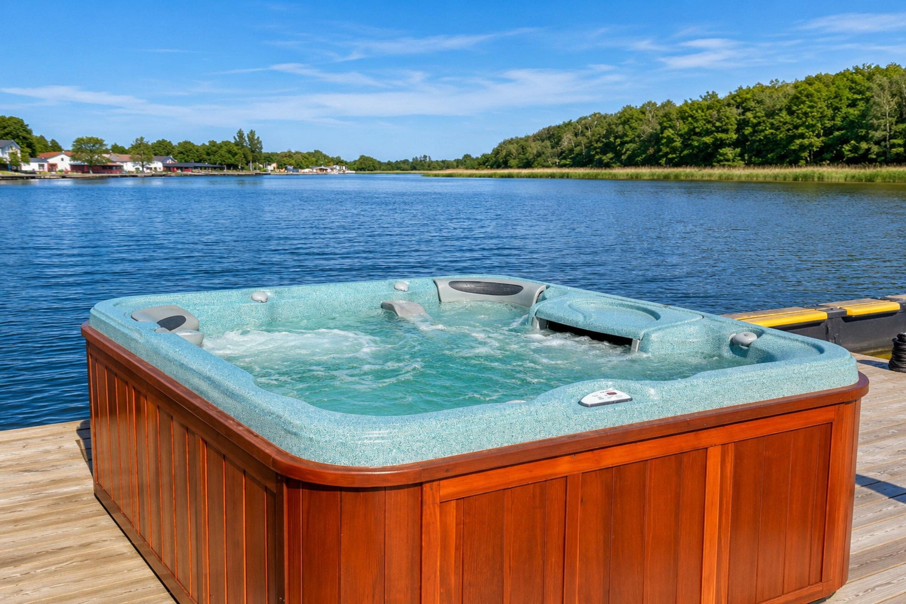 A hot tub on a wooden deck by a lake with a clear sky.