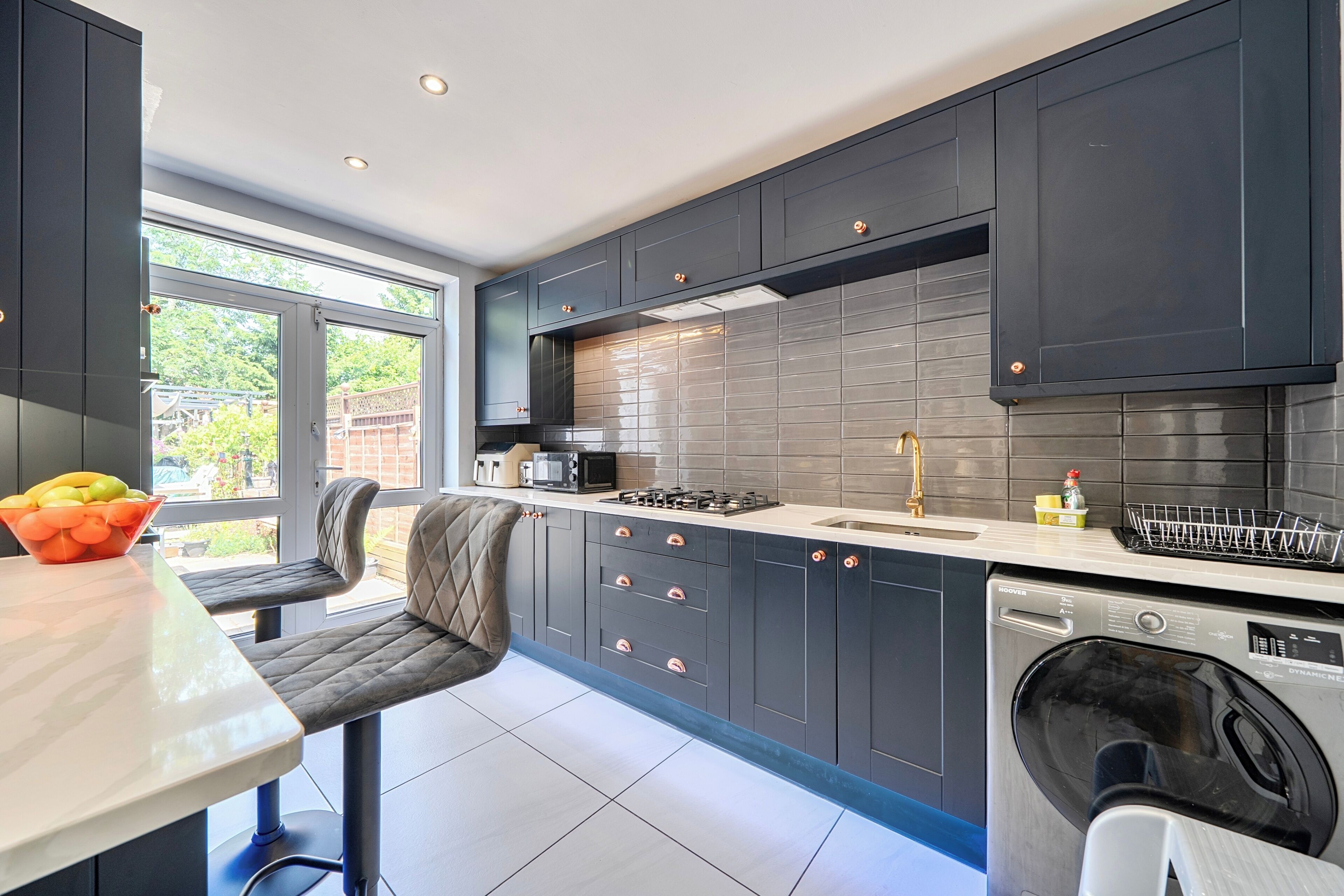 Fridge, microwave, electric kettle, toaster