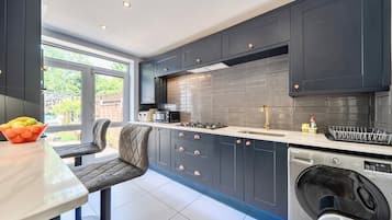 Fridge, microwave, electric kettle, toaster