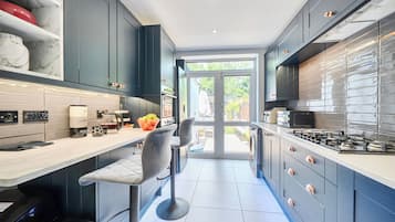Fridge, microwave, electric kettle, toaster