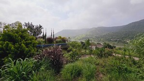 Un paisaje verde exuberante con un río, una montaña distante y algunos edificios.