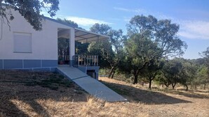 Un edificio moderno con un espacio exterior cubierto, una rampa de hormigón que lleva a la entrada y un paisaje con césped seco y árboles.