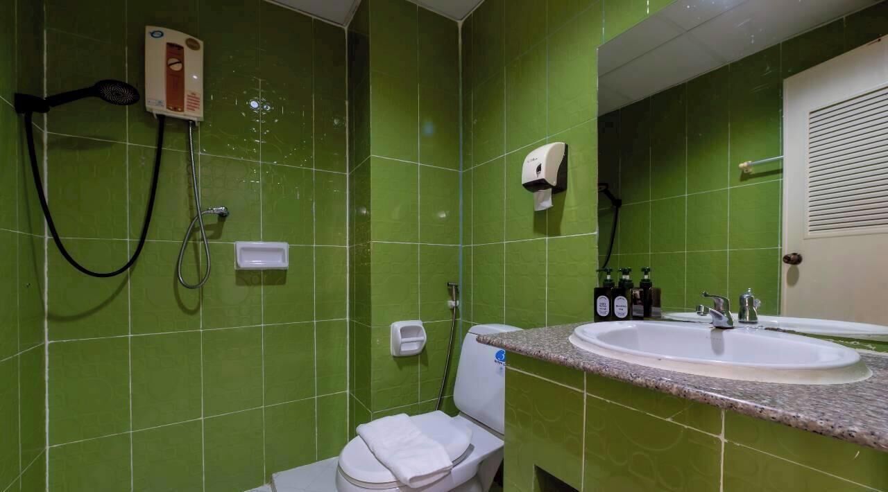 Baño con azulejos verdes, inodoro, lavabo con espejo y ducha de mano.