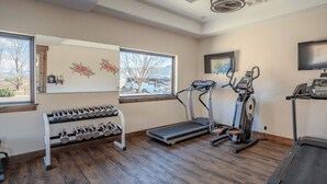 A home gym with a treadmill, elliptical, and dumbbells. - Luxury Vacation Home 4-BED M20 - 4 master suites and 4.5 bathrooms (Moab)